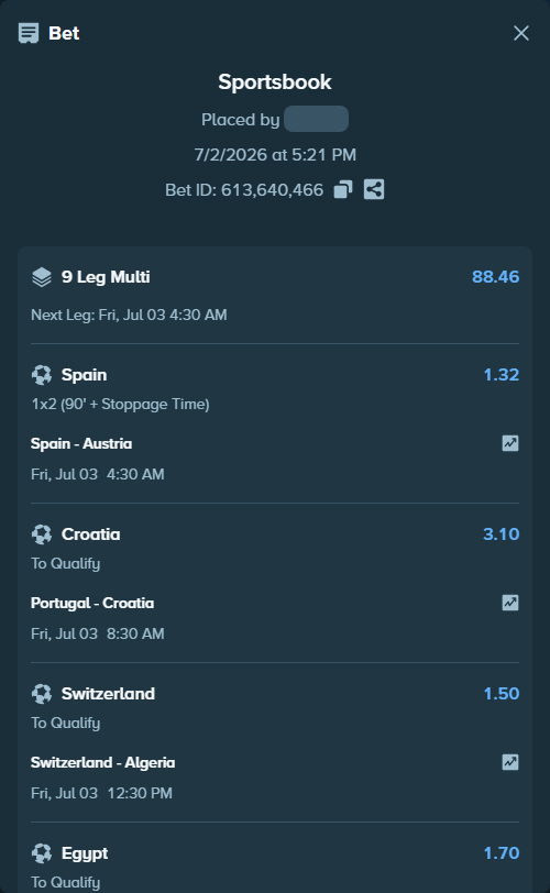 Bet slip: Paraguay - France, $20,020.00 stake at 1.59 odds, placed by gemcabal