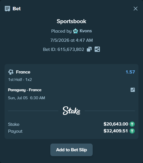 Bet slip: Paraguay - France, $20,663.64 stake at 1.57 odds, placed by Kvons