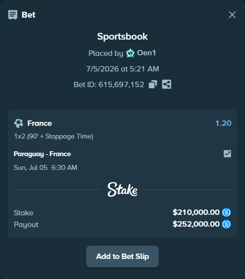 Bet slip: Paraguay - France, $210,000.00 stake at 1.20 odds, placed by Oen1