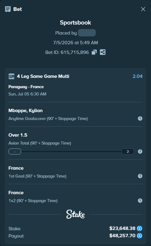 Bet slip: Paraguay - France, $23,648.38 stake at 1.50 odds, placed by LuckyGambler83