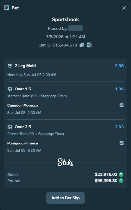 Bet slip: Paraguay - France, $24,000.00 stake at 2.03 odds, placed by Paata09