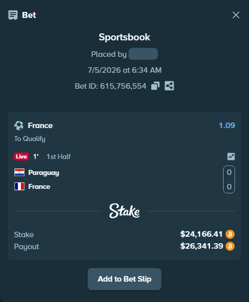 Bet slip: Paraguay - France, $23,965.78 stake at 1.09 odds, placed by mihatv