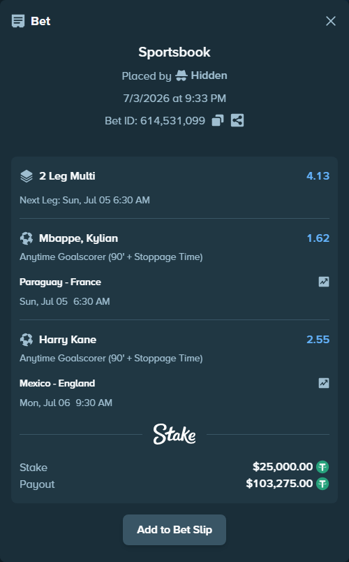 Bet slip: Paraguay - France, $25,025.00 stake at 1.62 odds, placed by Hidden