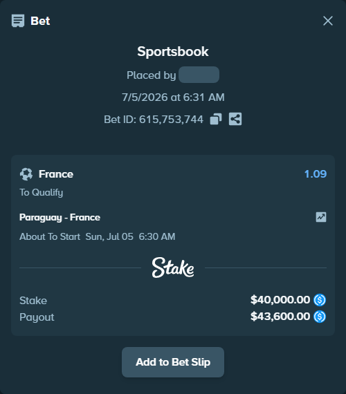 Bet slip: Paraguay - France, $40,000.00 stake at 1.09 odds, placed by boikot115