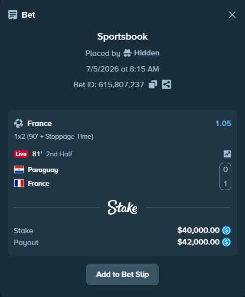 Bet slip: Paraguay - France, $40,000.00 stake at 1.05 odds, placed by Hidden