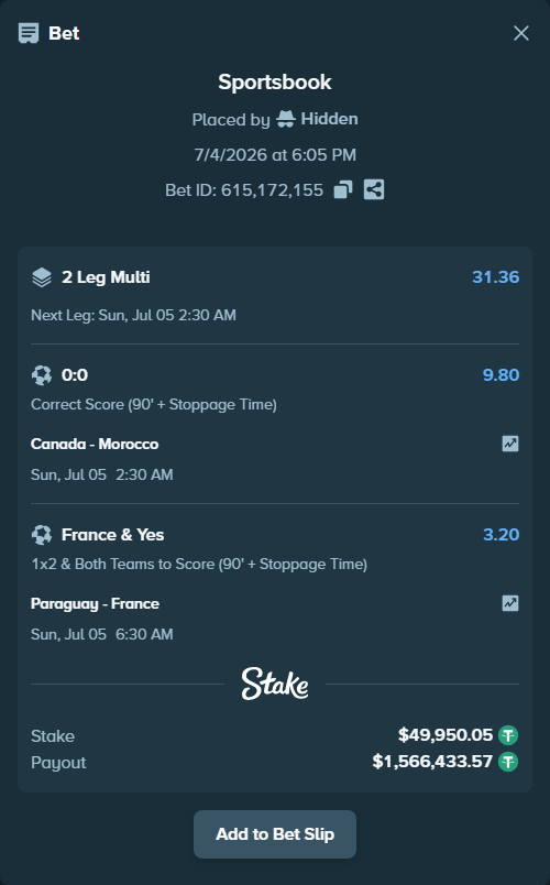 Bet slip: Paraguay - France, $50,000.00 stake at 3.20 odds, placed by Hidden