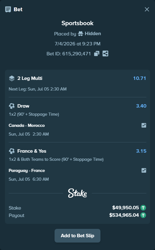 Bet slip: Paraguay - France, $50,000.00 stake at 3.15 odds, placed by Hidden