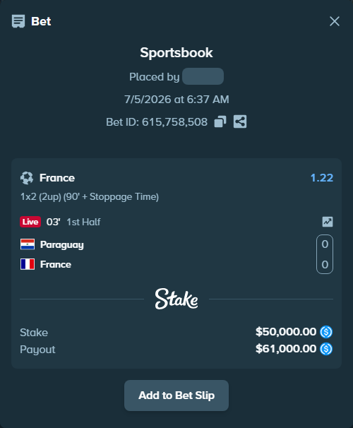 Bet slip: Paraguay - France, $50,000.00 stake at 1.22 odds, placed by Hasse5