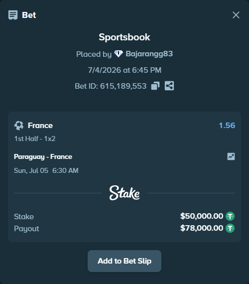Bet slip: Paraguay - France, $50,050.00 stake at 1.56 odds, placed by Bajarangg83