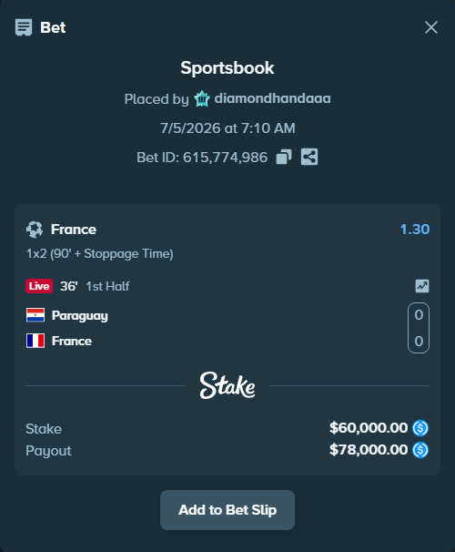 Bet slip: Paraguay - France, $60,000.00 stake at 1.30 odds, placed by diamondhandaaa