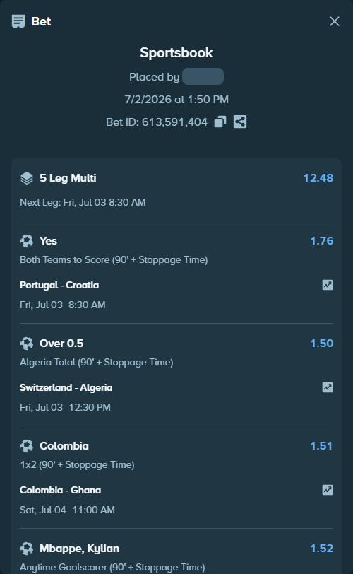 Bet slip: Paraguay - France, $62,335.99 stake at 1.52 odds, placed by Governomazika