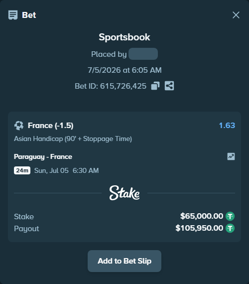 Bet slip: Paraguay - France, $65,065.00 stake at 1.63 odds, placed by Bajarangg83