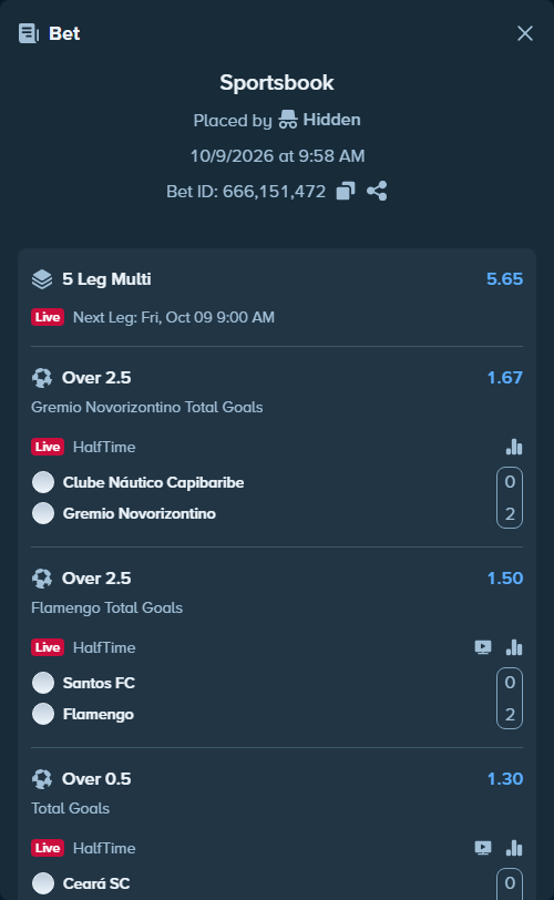 Bet slip: Paranaense - Atletico Mineiro, $50,103.05 stake at 1.38 odds, placed by Hidden