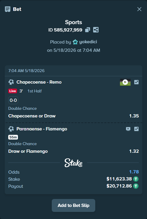 Bet slip: Paranaense - Flamengo, $11,635.00 stake at 1.32 odds, placed by yokedici