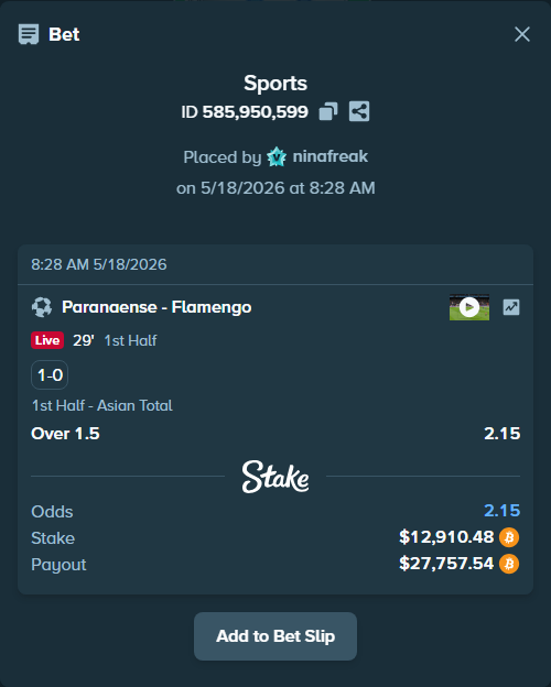 Bet slip: Paranaense - Flamengo, $10,623.75 stake at 2.15 odds, placed by ninafreak