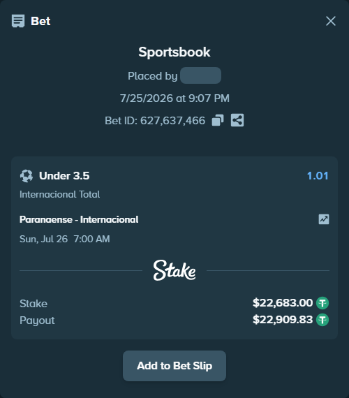 Bet slip: Paranaense - Internacional, $22,705.68 stake at 1.01 odds, placed by floutp451