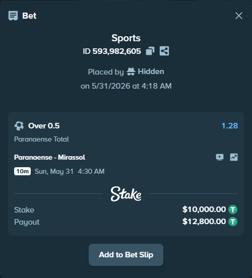 Bet slip: Paranaense - Mirassol, $10,010.00 stake at 1.28 odds, placed by Hidden