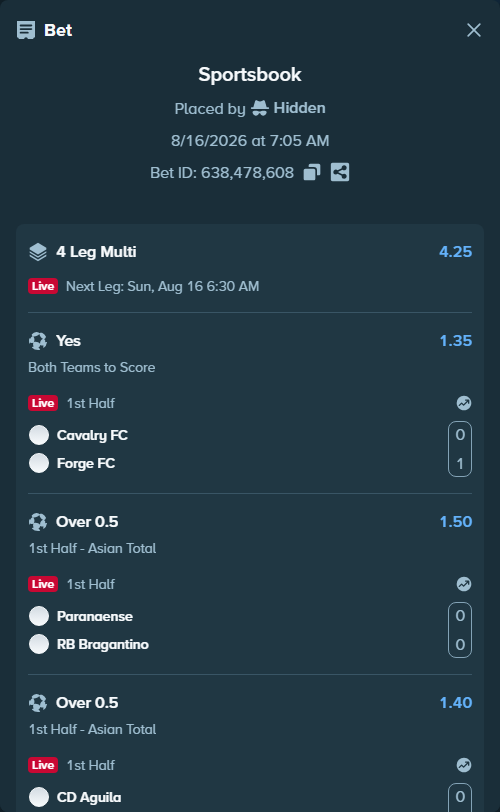 Bet slip: Paranaense - RB Bragantino, $19,592.28 stake at 1.50 odds, placed by Hidden
