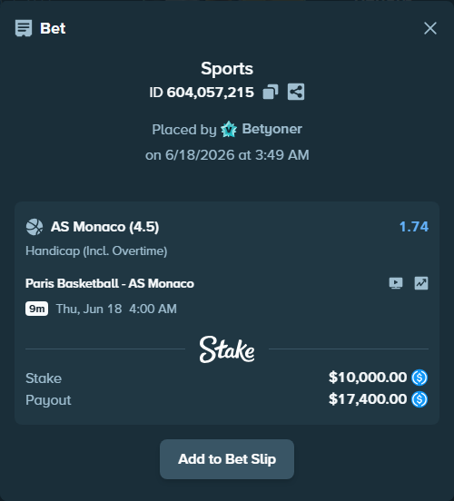 Bet slip: Paris Basketball - AS Monaco, $10,000.00 stake at 1.74 odds, placed by Betyoner