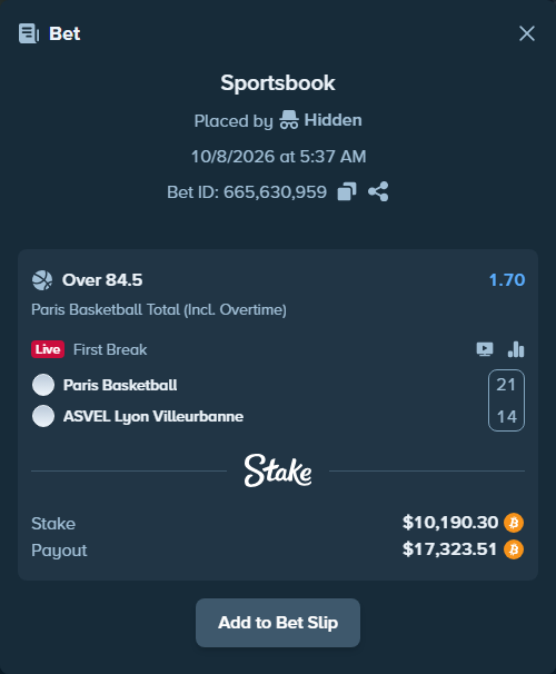 Bet slip: Paris Basketball - ASVEL Lyon-Villeurbanne, $10,146.70 stake at 1.70 odds, placed by Hidden