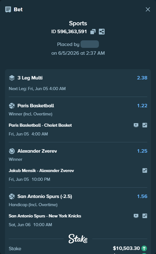 Bet slip: Paris Basketball - Cholet Basket, $10,513.80 stake at 1.22 odds, placed by Dmitr22