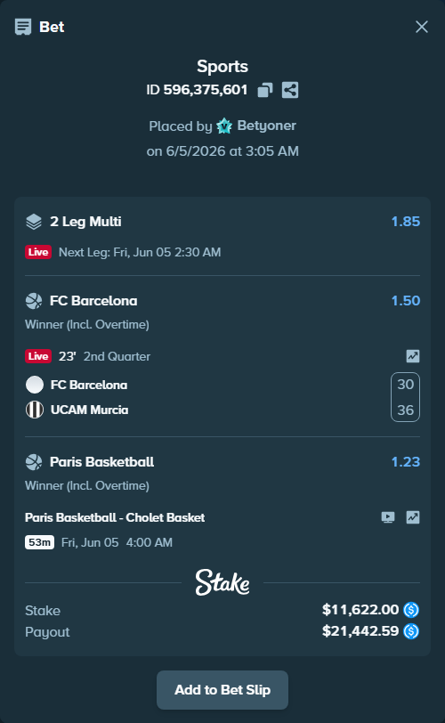 Bet slip: Paris Basketball - Cholet Basket, $11,622.00 stake at 1.23 odds, placed by Betyoner
