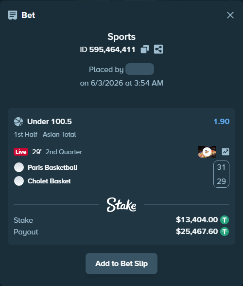 Bet slip: Paris Basketball - Cholet Basket, $13,417.40 stake at 1.90 odds, placed by Kriski99