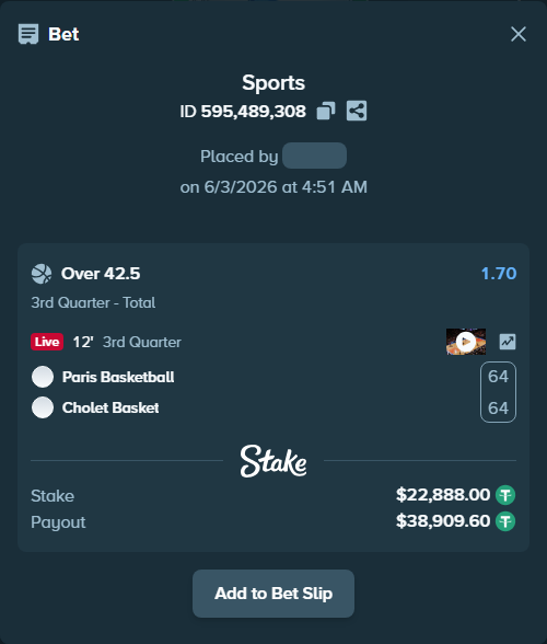 Bet slip: Paris Basketball - Cholet Basket, $22,910.89 stake at 1.70 odds, placed by Kriski99
