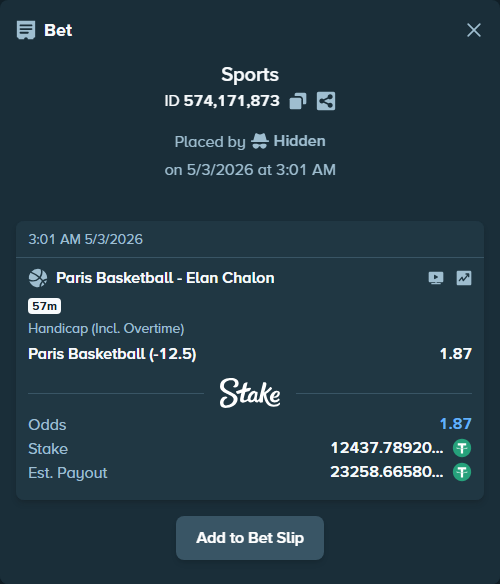 Bet slip: Paris Basketball - Elan Chalon, $12,437.79 stake at 1.87 odds, placed by Hidden