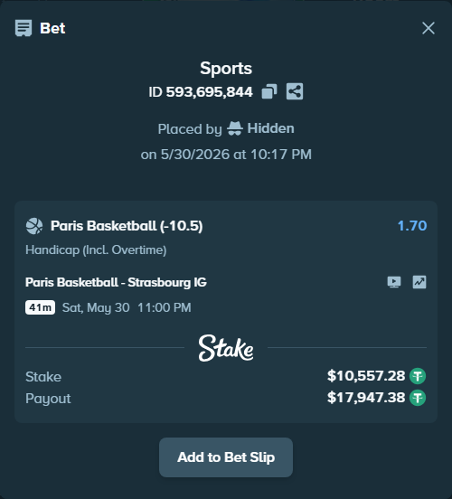 Bet slip: Paris Basketball - SIG Strasbourg, $10,567.84 stake at 1.70 odds, placed by Hidden