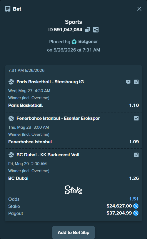 Bet slip: Paris Basketball - SIG Strasbourg, $24,627.00 stake at 1.10 odds, placed by Betyoner