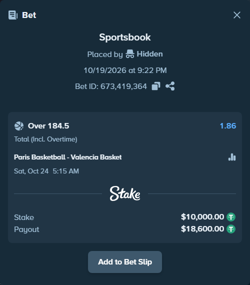 Bet slip: Paris Basketball - Valencia Basket, $10,010.00 stake at 1.86 odds, placed by Hidden