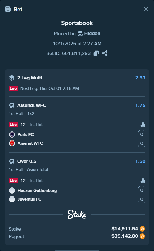 Bet slip: Paris FC - Arsenal WFC, $14,842.34 stake at 1.75 odds, placed by Hidden