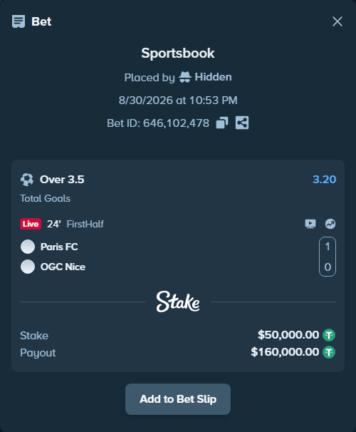 Bet slip: Paris FC - Nice, $50,000.00 stake at 3.20 odds, placed by Hidden