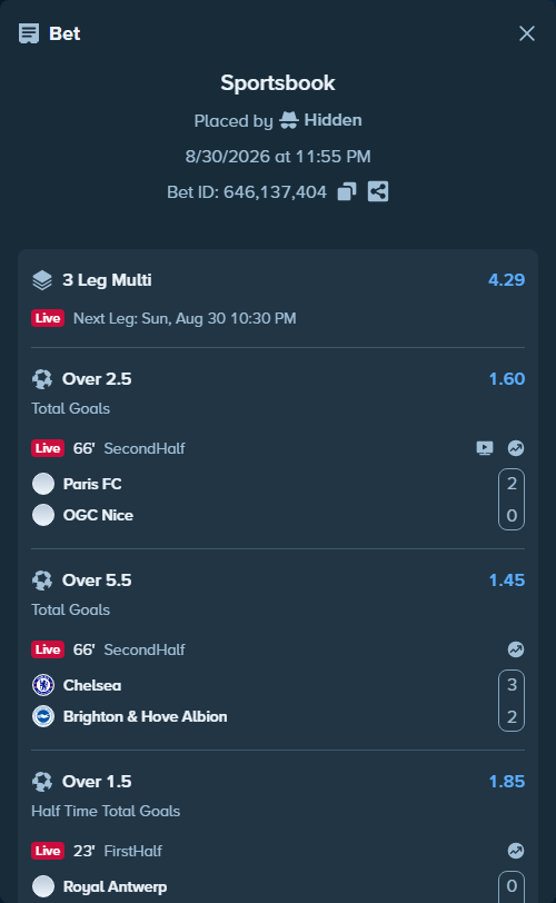 Bet slip: Paris FC - Nice, $51,232.94 stake at 1.60 odds, placed by Hidden