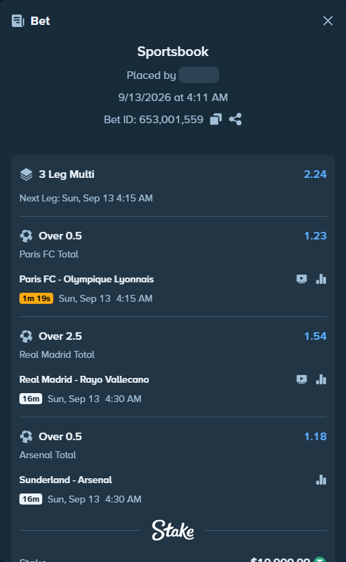 Bet slip: Paris FC - Olympique Lyonnais, $10,000.00 stake at 1.23 odds, placed by roha1292