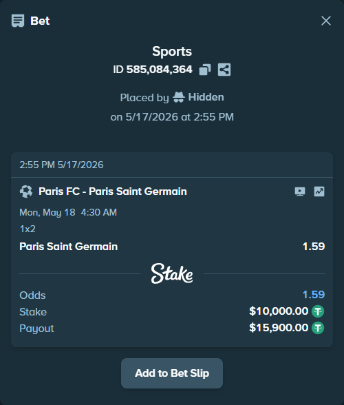 Bet slip: Paris FC - Paris Saint Germain, $10,000.00 stake at 1.59 odds, placed by Hidden
