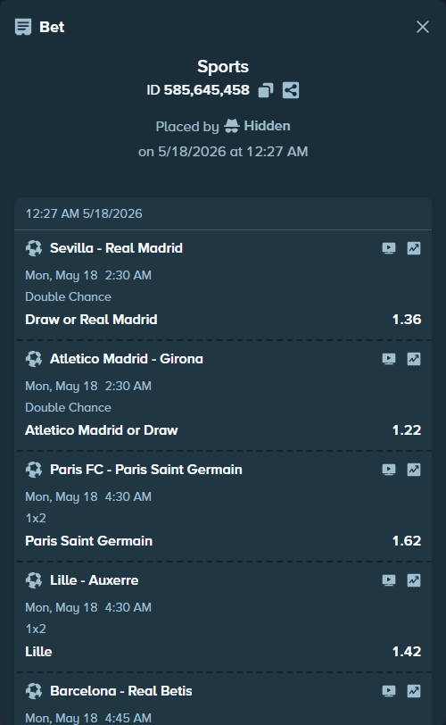 Bet slip: Paris FC - Paris Saint Germain, $10,000.00 stake at 1.62 odds, placed by Hidden