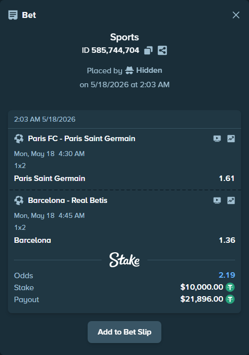 Bet slip: Paris FC - Paris Saint Germain, $10,000.00 stake at 1.61 odds, placed by Hidden
