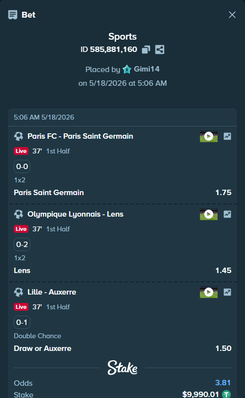 Bet slip: Paris FC - Paris Saint Germain, $10,000.00 stake at 1.75 odds, placed by Gimi14