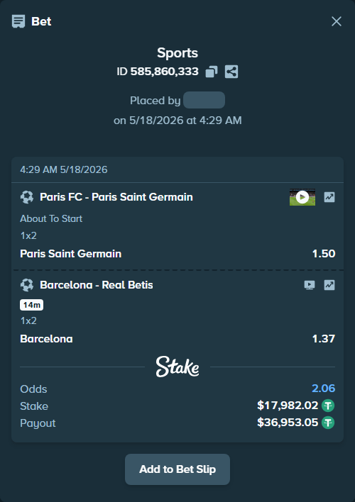 Bet slip: Paris FC - Paris Saint Germain, $18,000.00 stake at 1.50 odds, placed by Boat1101