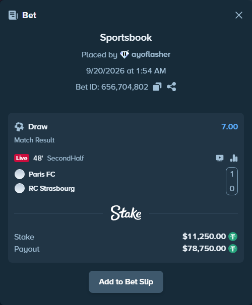 Bet slip: Paris FC - Strasbourg, $11,250.00 stake at 7.00 odds, placed by ayoflasher