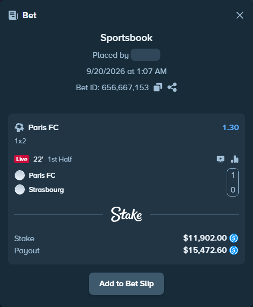 Bet slip: Paris FC - Strasbourg, $11,902.00 stake at 1.30 odds, placed by petterblom