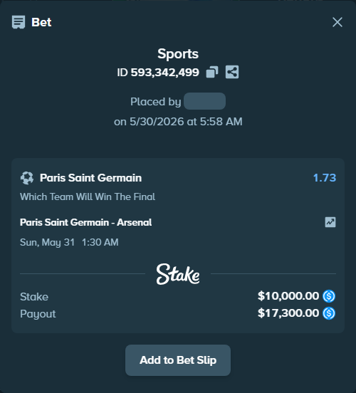 Bet slip: Paris Saint Germain - Arsenal, $10,000.00 stake at 1.73 odds, placed by arb998