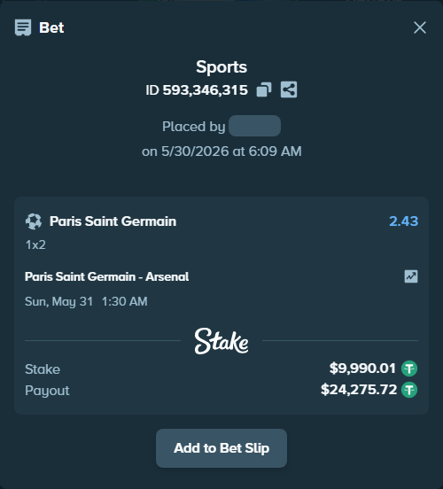 Bet slip: Paris Saint Germain - Arsenal, $10,000.00 stake at 2.43 odds, placed by Alza3em