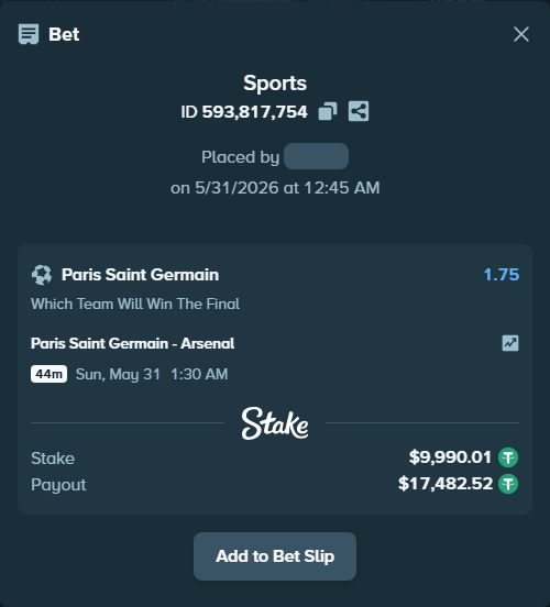 Bet slip: Paris Saint Germain - Arsenal, $10,000.00 stake at 1.75 odds, placed by Yarmola999