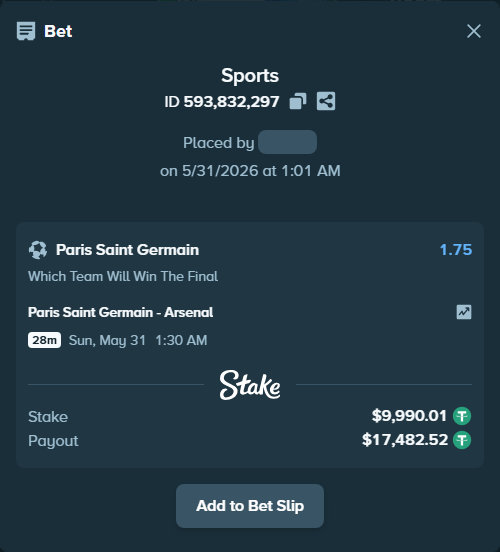 Bet slip: Paris Saint Germain - Arsenal, $10,000.00 stake at 1.75 odds, placed by emiliogaviria7