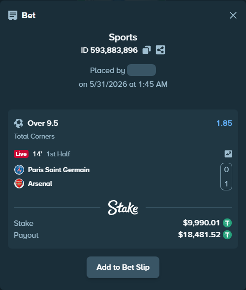 Bet slip: Paris Saint Germain - Arsenal, $10,000.00 stake at 1.85 odds, placed by Agus1033