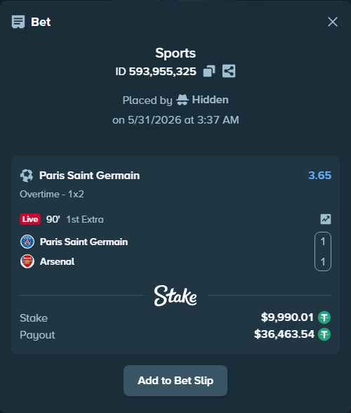 Bet slip: Paris Saint Germain - Arsenal, $10,000.00 stake at 3.65 odds, placed by Hidden