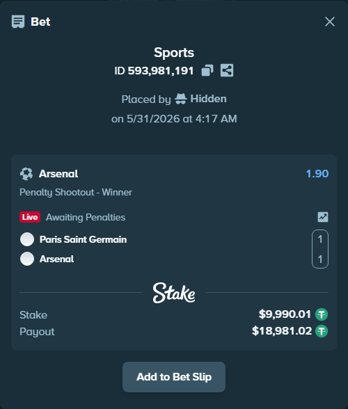 Bet slip: Paris Saint Germain - Arsenal, $10,000.00 stake at 1.90 odds, placed by Hidden